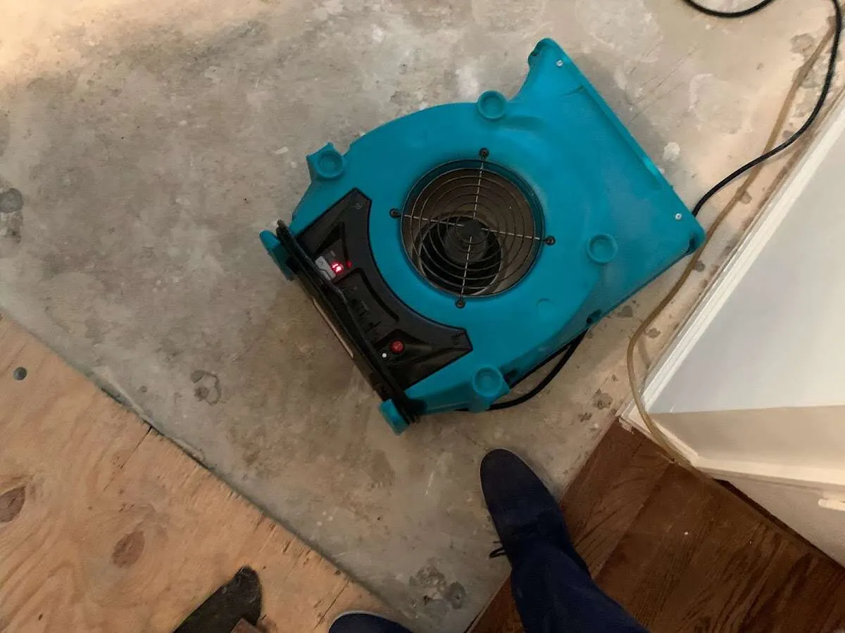 Air mover drying subfloor during Leak Detection & Repair in Bogota